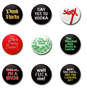 punk and novelty badges variety of options pictured